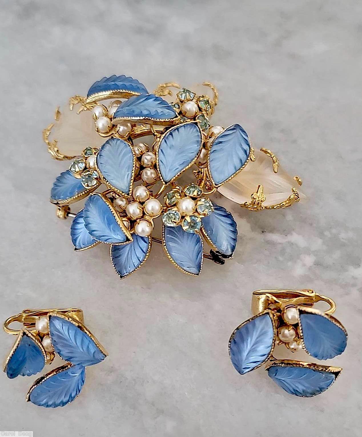 Schreiner 3d engraved leaf pin 3 large engraved leaf 13 small engraved leaf hook eye 6 clustered flower peach engraved leaf faux pearl blue engrave leaf ice blue chaton goldtone jewelry