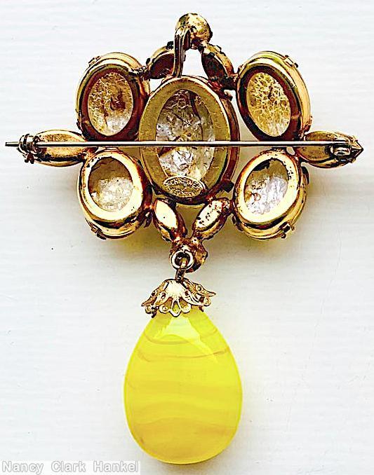 Schreiner 4 cab top down 1 dangle pin gold white marbled oval cab lime dangle amber faceted navette goldtone jewelry