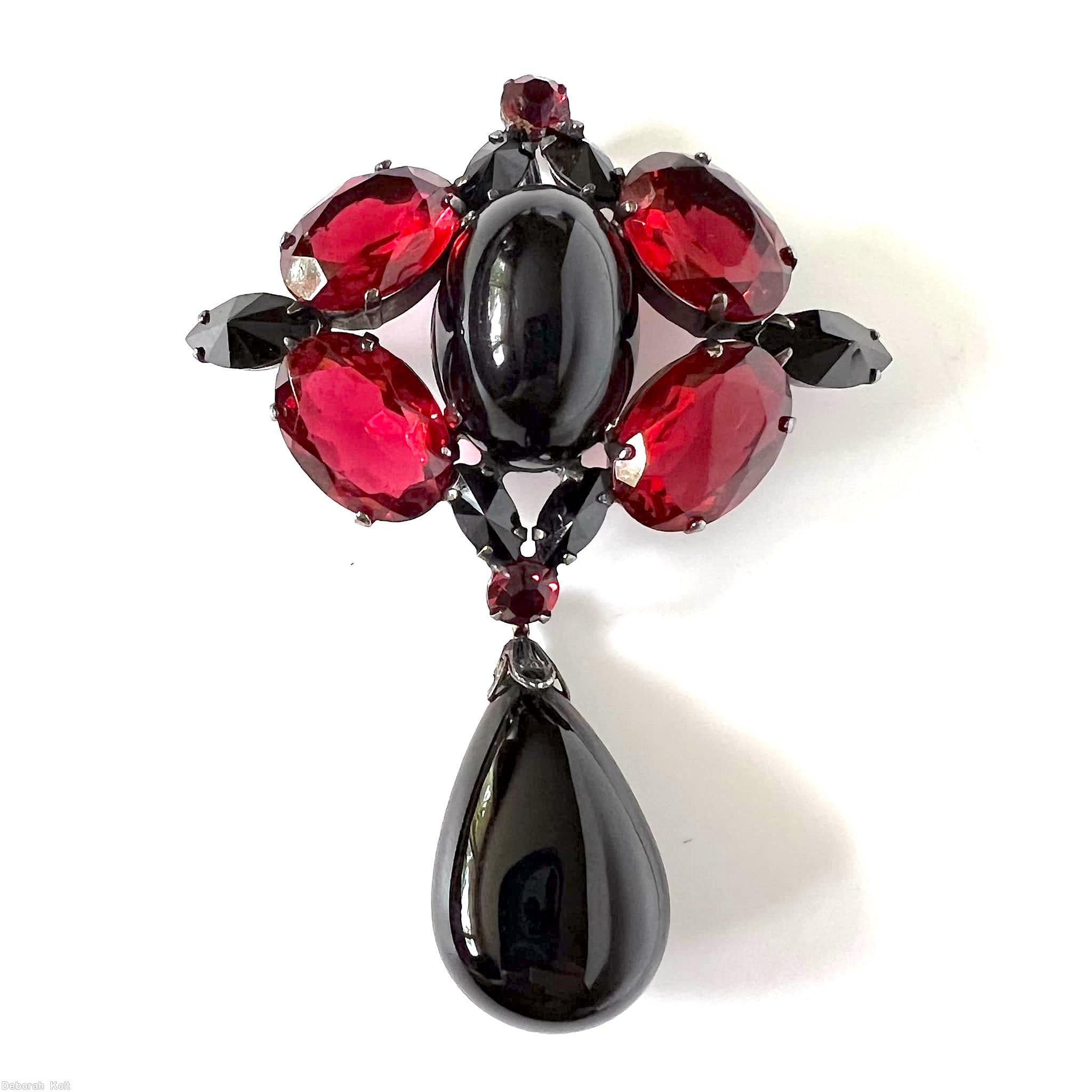 Schreiner 4 cab top down 1 dangle pin jet dangling teardrop ruby large faceted oval cab jet small faceted navette silvertone jewelry