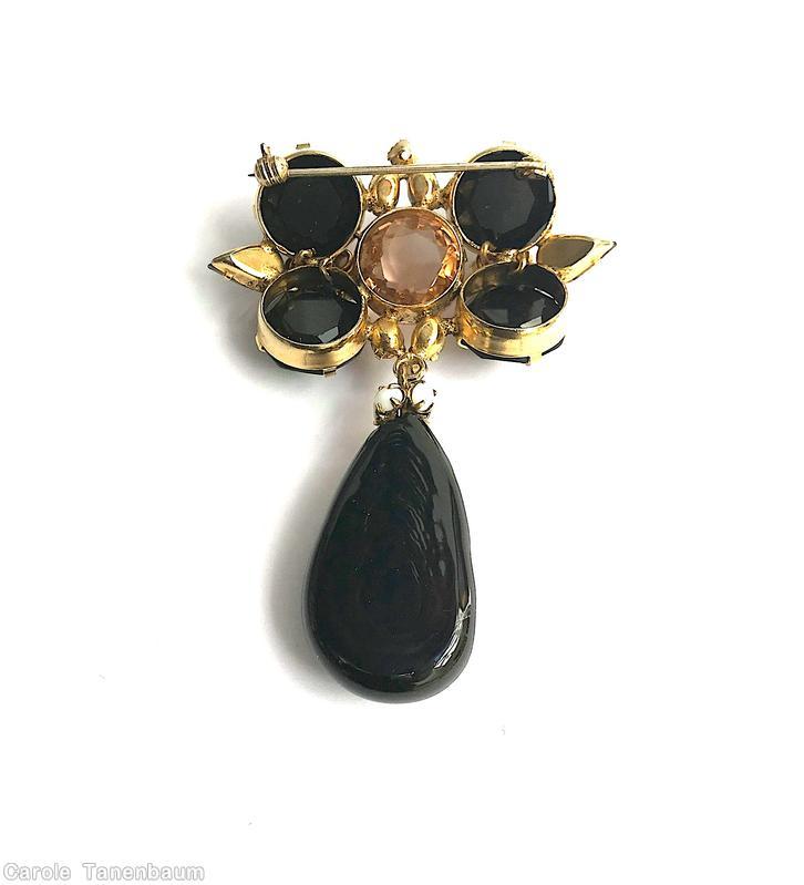 Schreiner 4 cab top down 1 dangle pin jet faceted teardrop dangle inverted faceted round stone corner amber chaton center jewelry