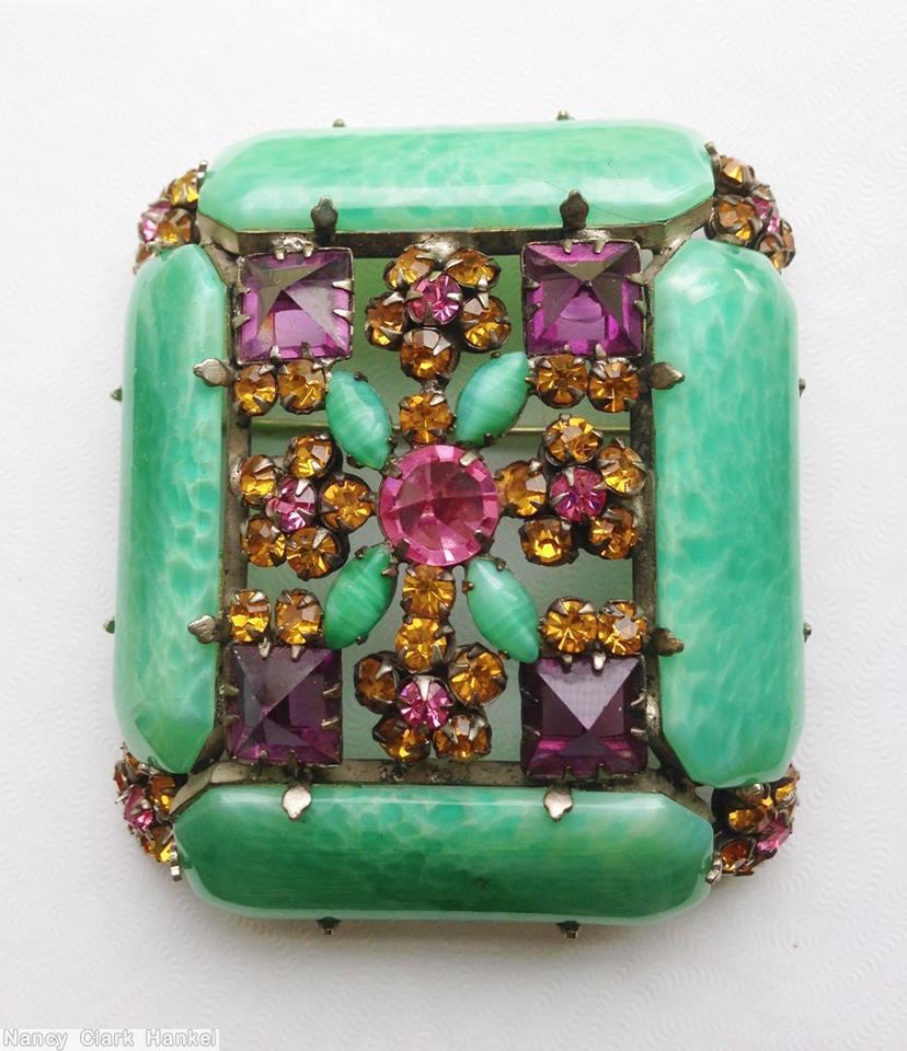 Schreiner 4 elongated hexagon stone side domed rectangle pin marbled green jade elongated hexagon stone purple faceted square stone topaz small chaton fuschia chaton center goldtone jewelry