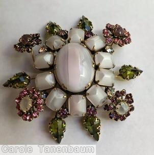 Schreiner 4 flower 10 chunky stone domed radial sprawling pin 6 teardrop branch large oval center moonglow white peridot pink jewelry