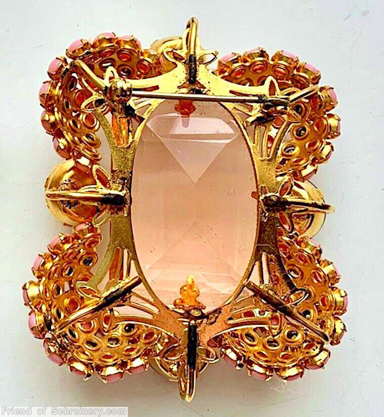 Schreiner 4 half clustered ball corner rectangle pin large faceted open back center stone 4 large chaton opaque pink ab amber large faceted open back crystal goldtone jewelry
