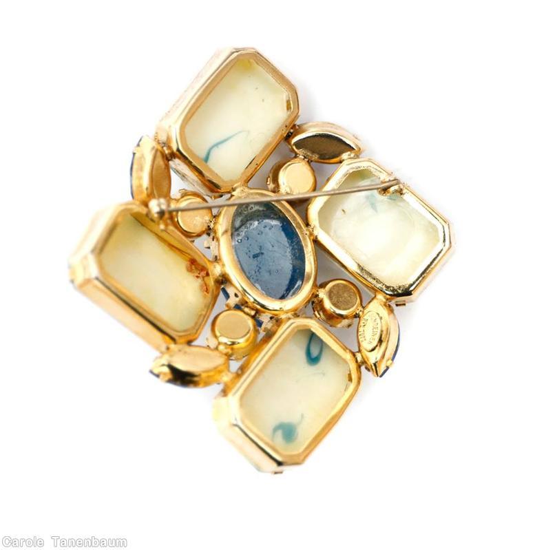 Schreiner 4 large emerald cut corner swirled diamond shaped pin oval center blue marbled milk white marbled navy center inverted clear brown navy navette jewelry