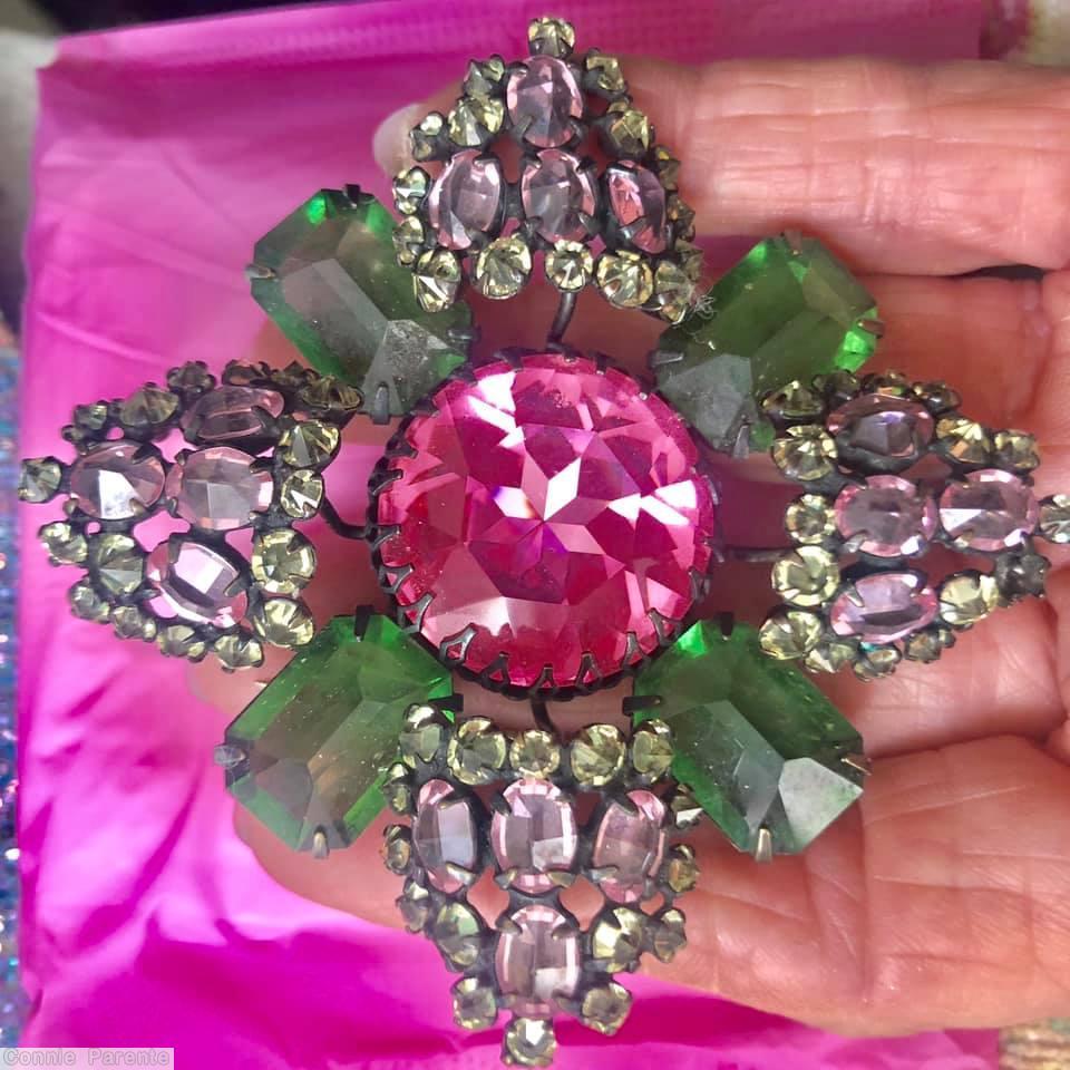Schreiner 4 large emerald cut double cross pin large chaton center 4 large arrow emerald large 4 sided stone large pink faceted chaton pink clear champagne jewelry
