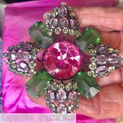 Schreiner 4 large emerald cut double cross pin large chaton center 4 large arrow emerald large 4 sided stone large pink faceted chaton pink clear champagne jewelry