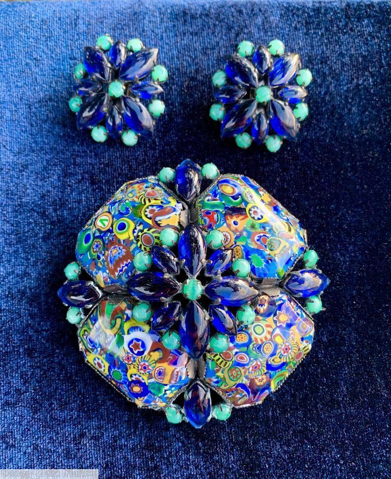 Schreiner 4 large hexagon millefiori square radial pin small chaton center surrounding 8 radial navette royal blue navette jade small chaton jewelry