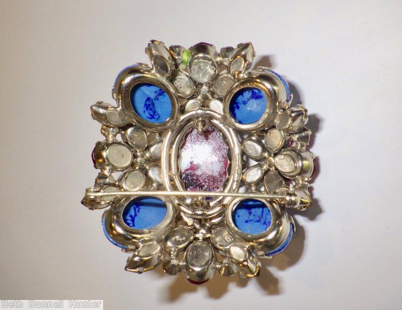 Schreiner 4 large oval cab corner radial rectangle pin 1 large oval cab center pink green lapis peach jewelry