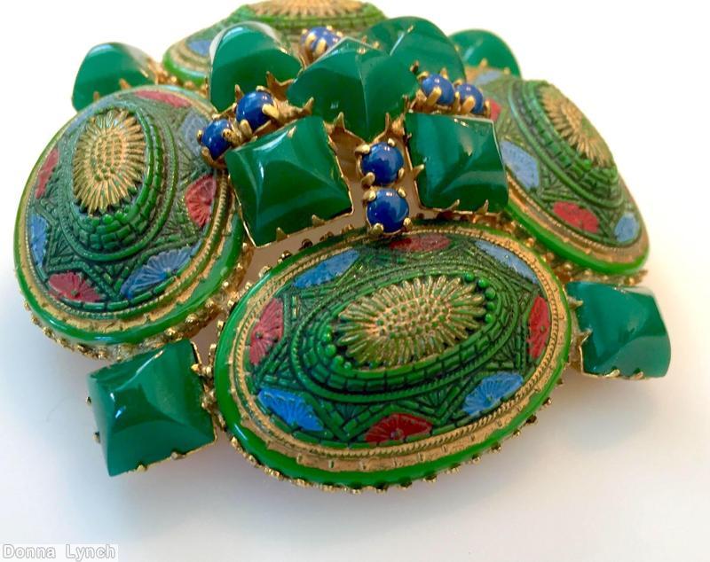 Schreiner 4 large oval cab sided domed pin 5 square stone center total 9 square stone moroccan tile large oval cab green blue red gold emrald square stone lapis blue small chaton goldtone jewelry