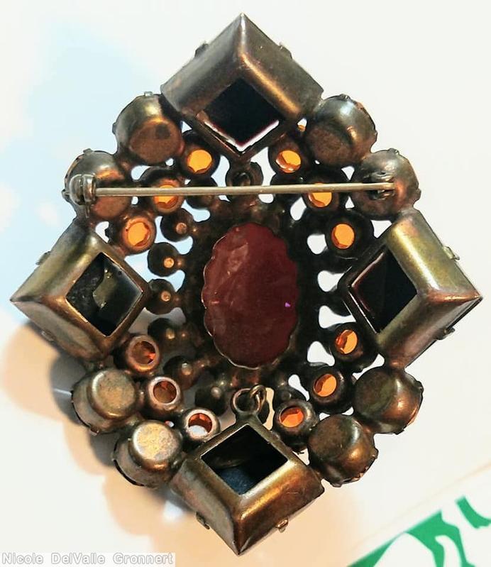 Schreiner 4 large square stone corner domed radial diamond shaped pin large oval center 3 rounds 4 sided brown matte corner opaque carnelian large oval cab coral peridot brown jewelry