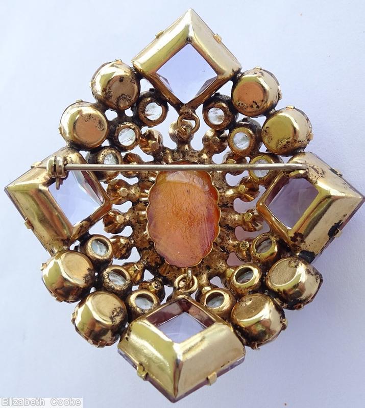 Schreiner 4 large square stone corner domed radial diamond shaped pin large oval center 3 rounds carnelian large oval clear lavender aqua venetian ice blue ice brown jewelry