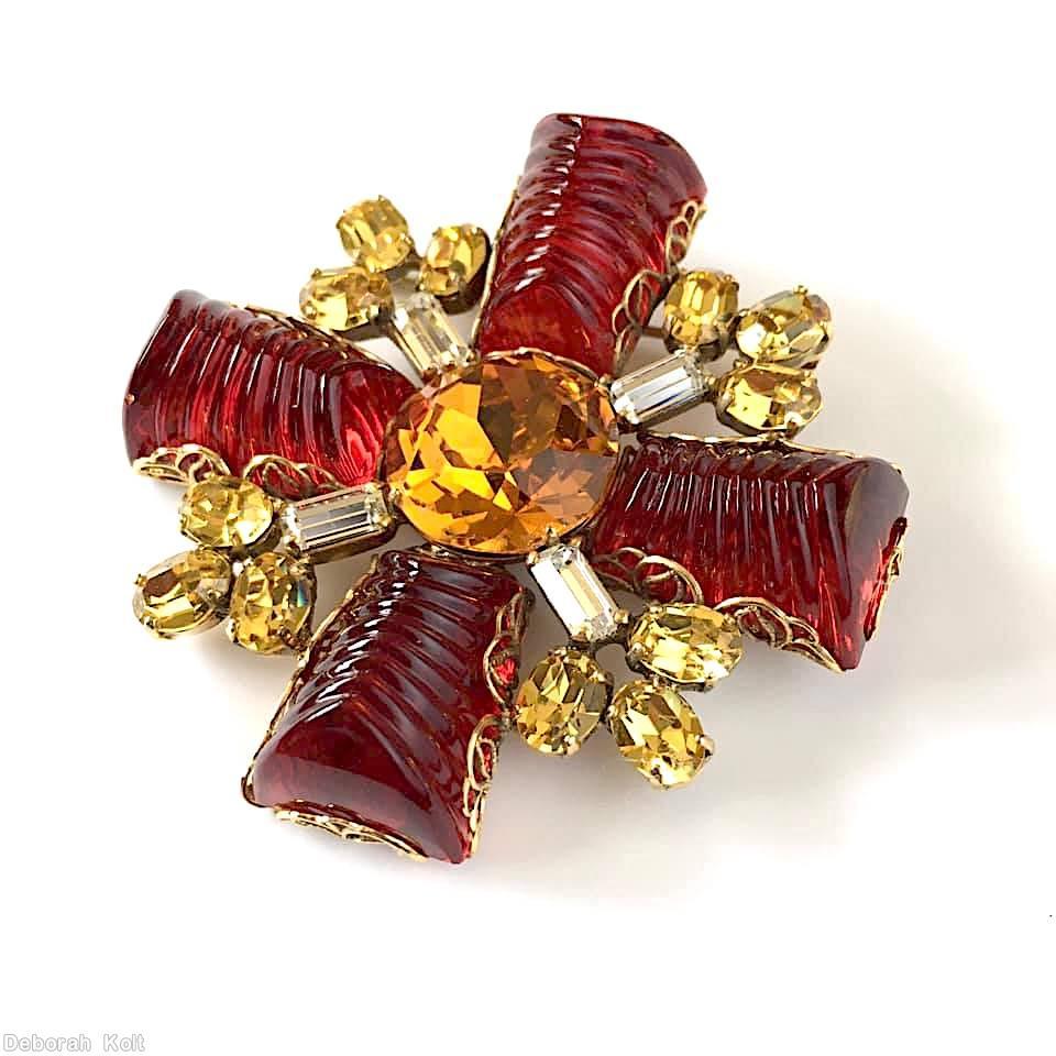 Schreiner 4 large trapezoid shaped molded stone cross pin 4 small branch large chaton center filigree wrapped carnelian trapezoid molded stone amber small faceted oval stone metalic deco prong crystal baguette goldtone jewelry