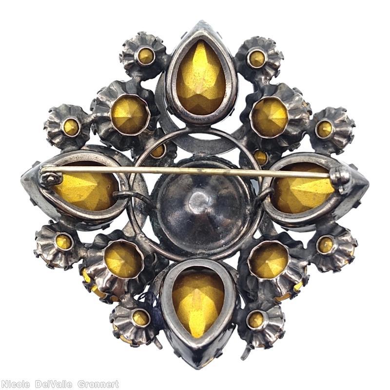 Schreiner 4 metal circle deco domed radial square pin 4 teardrop corner large chaton center navy blue large faceted teardrop clear champagne chaton jewelry