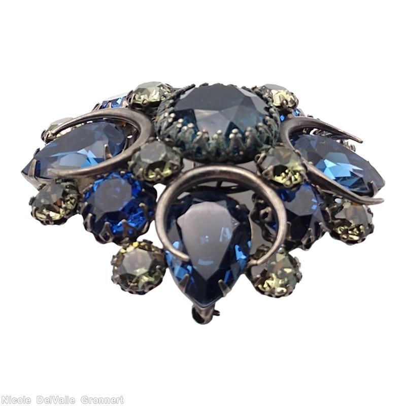 Schreiner 4 metal circle deco domed radial square pin 4 teardrop corner large chaton center navy blue large faceted teardrop clear champagne chaton jewelry