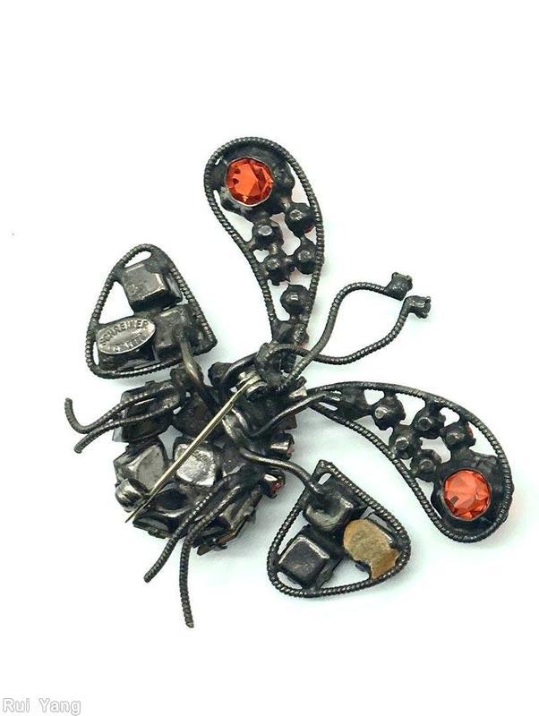 Schreiner 4 wings square stone body bug 4 legs coral ruby jet jewelry