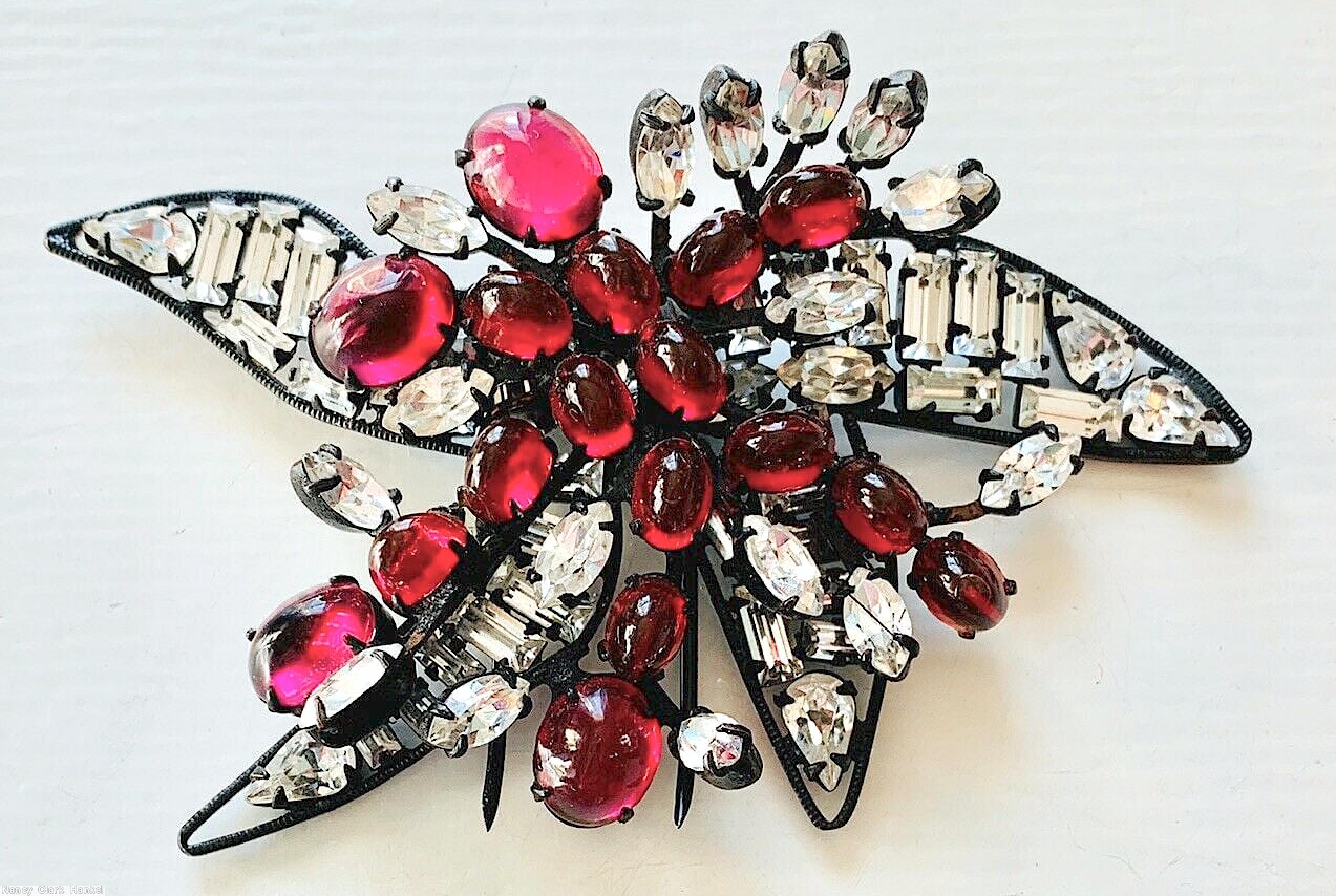 Schreiner 4 wired baguette leaf flower pin 2 level flower pin jelly belly branch ruby jelly belly crystal gunmetal jewelry