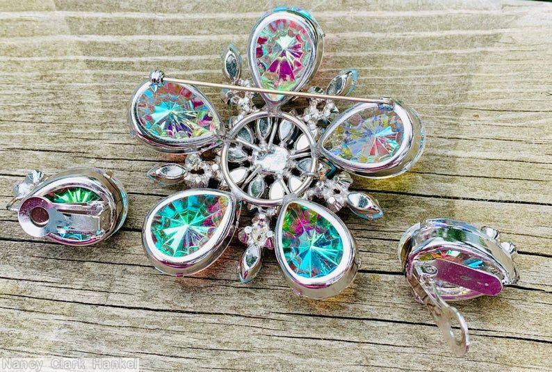 Schreiner 5 cracked ice teardrop stone radial 2 level pin multicolor aqua pink yellow moonglow blue navette fuchsia green silvertone jewelry