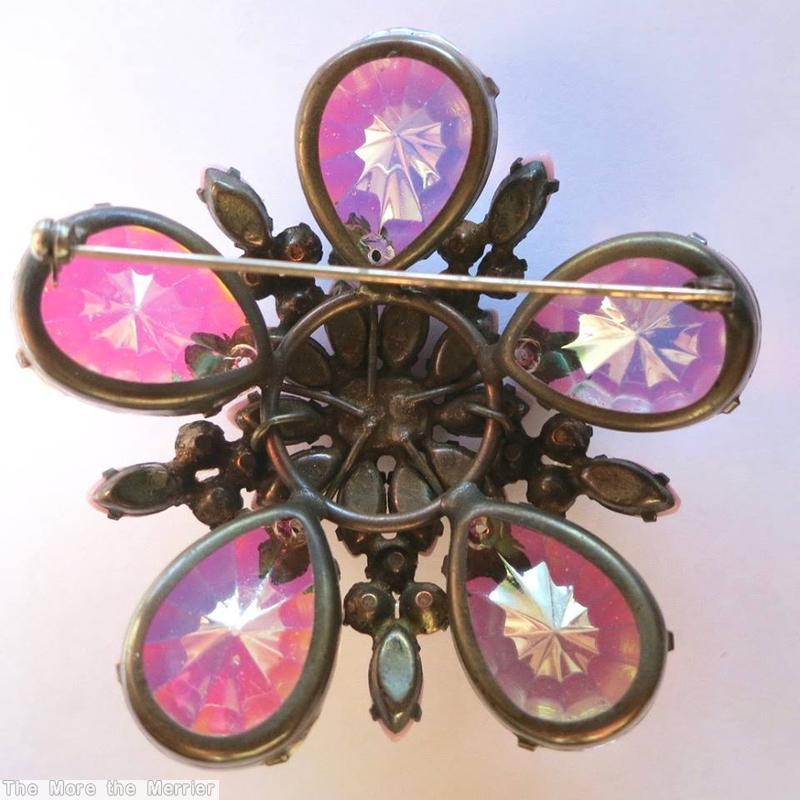 Schreiner 5 cracked ice teardrop stone radial 2 level pin multicolor crystal green pink opaque peach faux pearl seeds purple jewelry