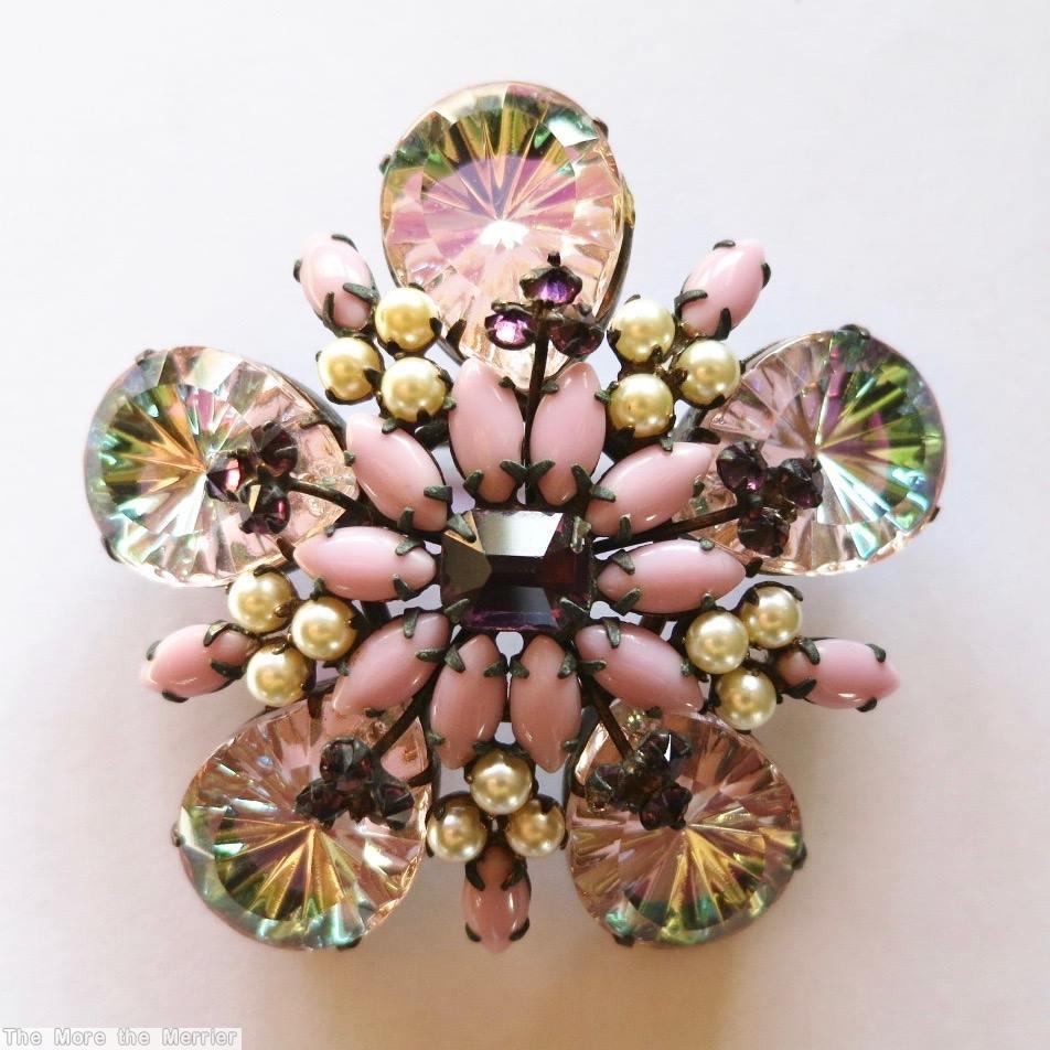 Schreiner 5 cracked ice teardrop stone radial 2 level pin multicolor crystal green pink opaque peach faux pearl seeds purple jewelry