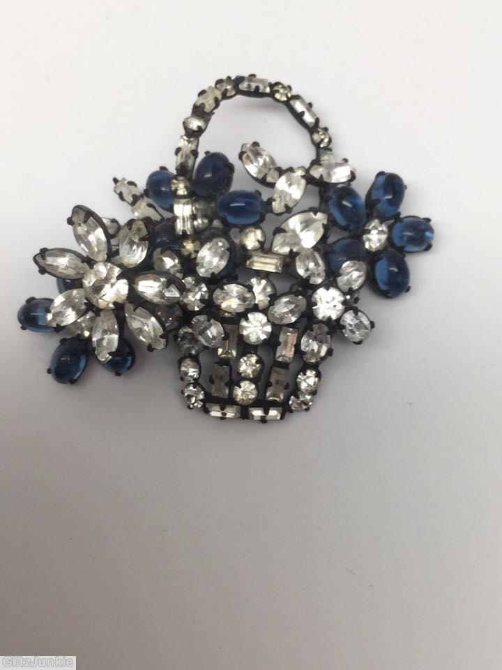 Schreiner 5 flower basket pin crystal navy jewelry