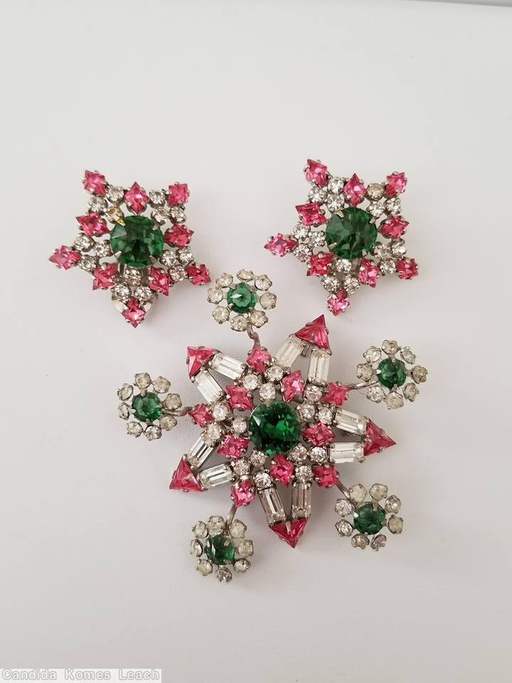 Schreiner 5 flower branch radial star pin chaton center triangle stone crystal emerald pink jewelry