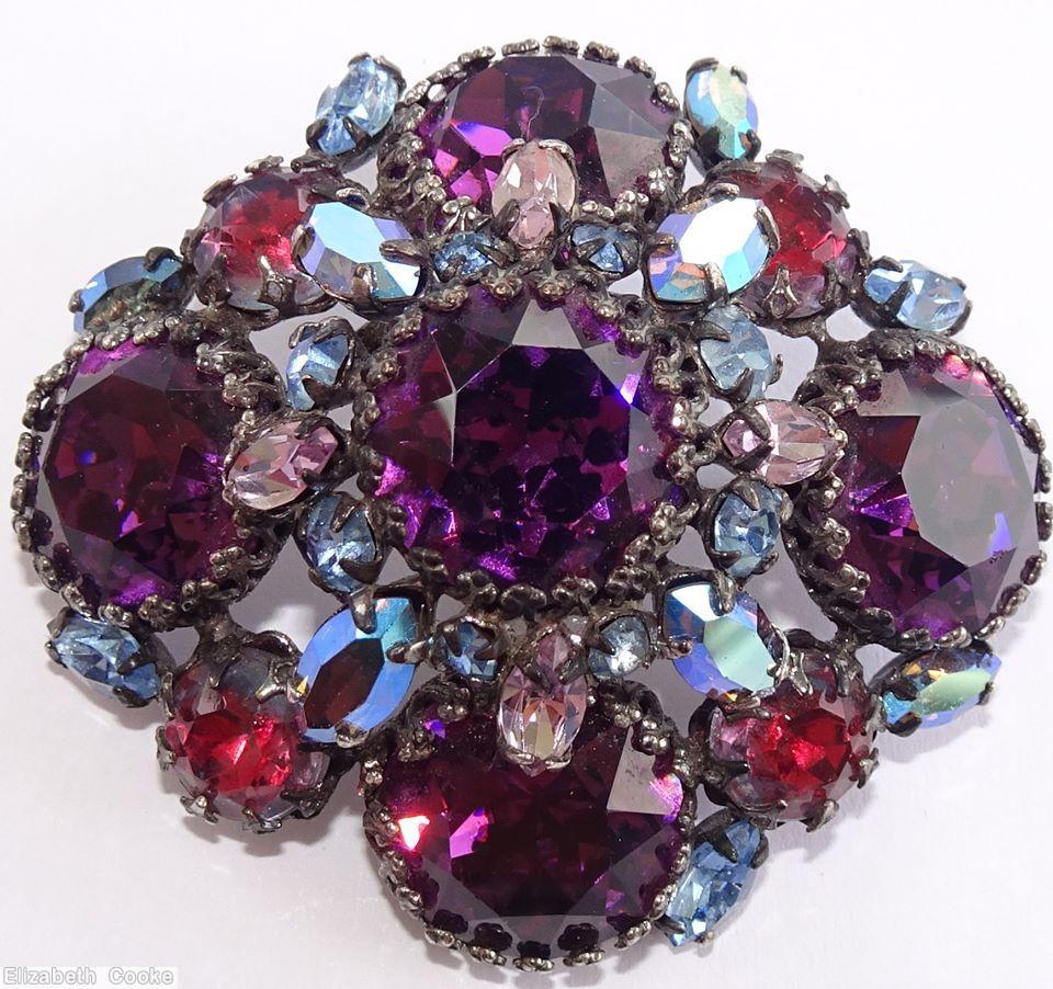 Schreiner 5 large chaton domed radial square pin circle wire frame 1 large chaton center purple rose cut center bicolor pink ruby ab navette pale blue silvertone jewelry