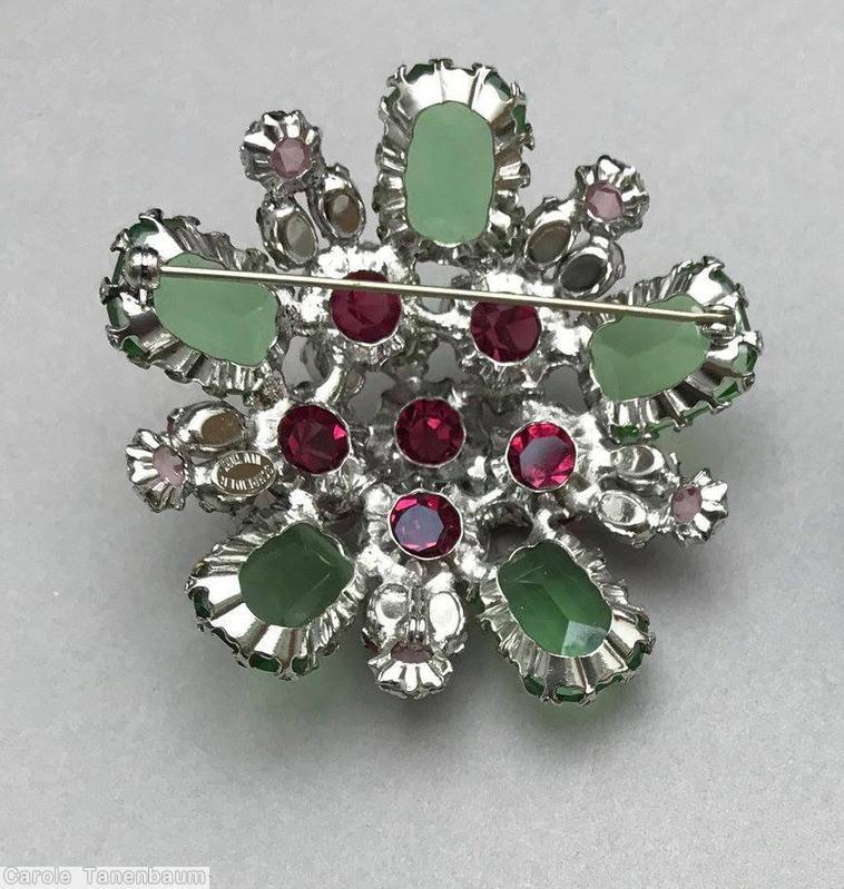 Schreiner 5 large emerald cut domed radial round pin 5 stone star center 5 large oval cab 15 small baguette celery pale pink raspberry jewelry