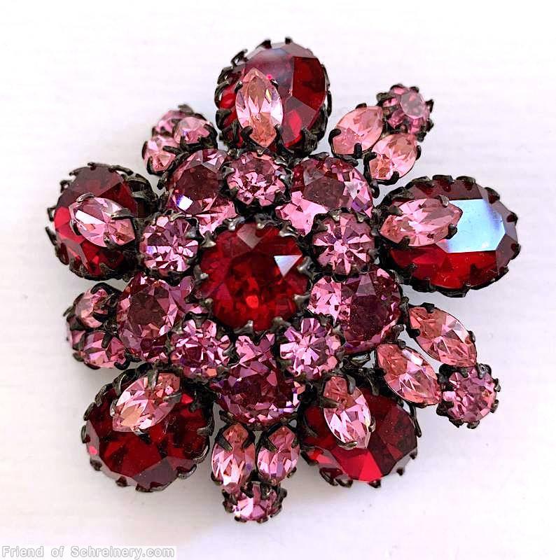 Schreiner 5 large emerald cut domed radial round pin 5 stone star center 5 large oval cab 15 small baguette ruby pink jewelry