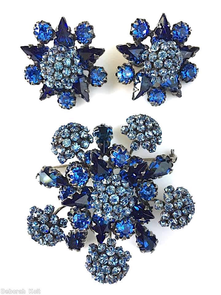 Schreiner 5 pointy star shaped domed radial 2 level pin 6 clustered ball clustered ball center 10 teardrop marina blue pale blue silvertone jewelry