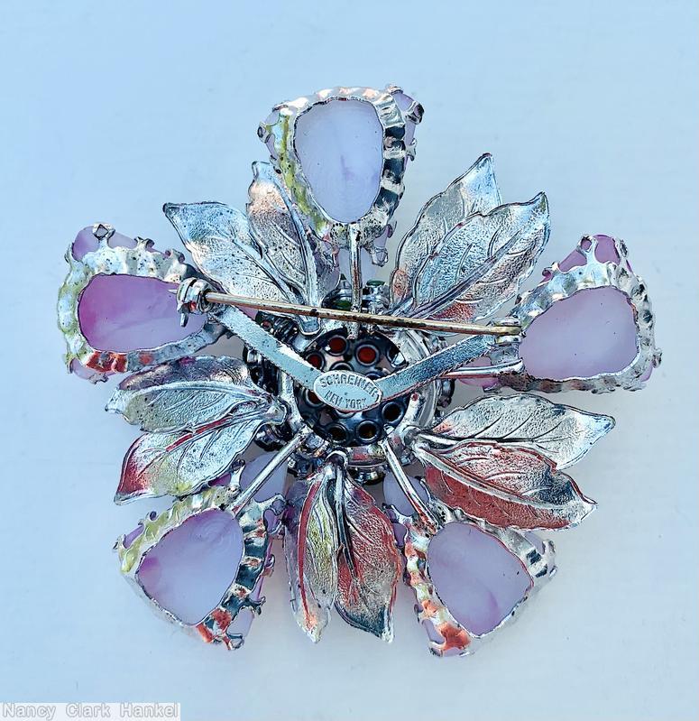 Schreiner 5 triangle petal 10 metal leaf radial pin clustered center marbled pink carved art glass silver metalic green crystal coral jewelry