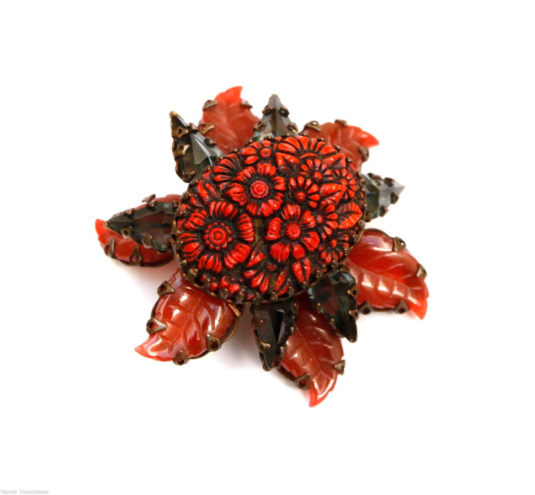 Schreiner 6 carved leaf large molded flower stone radial pin 6 large teardrop coral smoke copper back jewelry