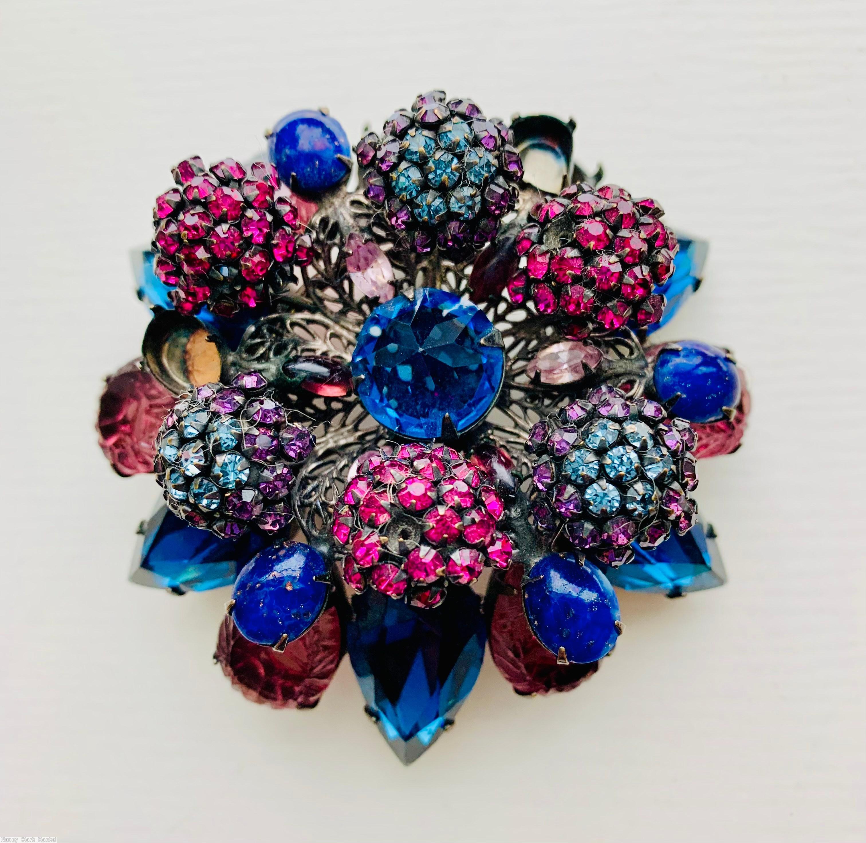 Schreiner 6 clustered ball filigree 2 level radial pin 6 large teardrop large round stone center blue large faceted round center oval lapis aqua purple small chaton clustered ball raspberry cracked ice teardrop large faceted blue teardrop pink small navette jewelry