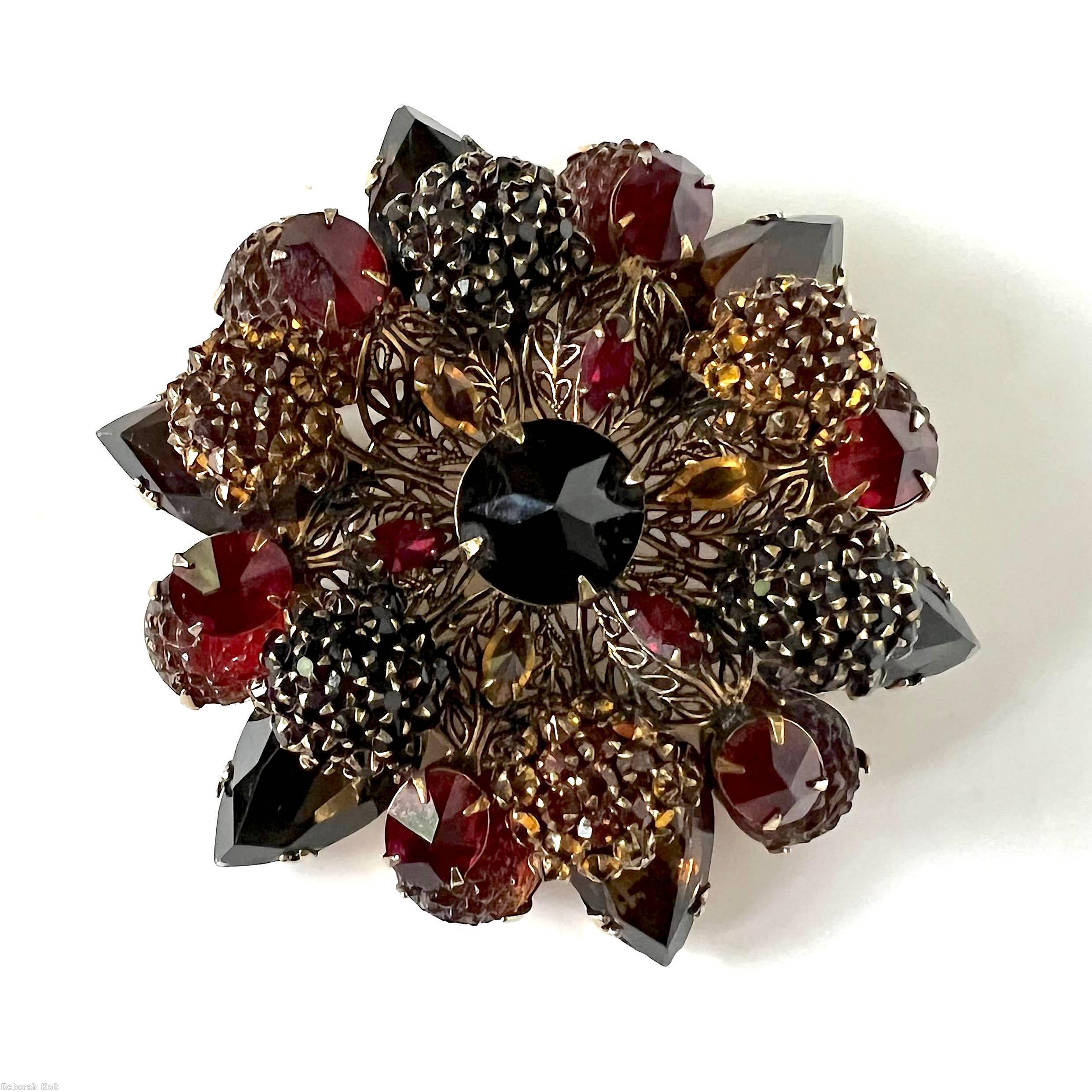 Schreiner 6 clustered ball filigree 2 level radial pin 6 large teardrop large round stone center jet faceted round large center stone jet clustered ball of small chaton topaz ball of small chaton ruby cracked ice goldtone jewelry