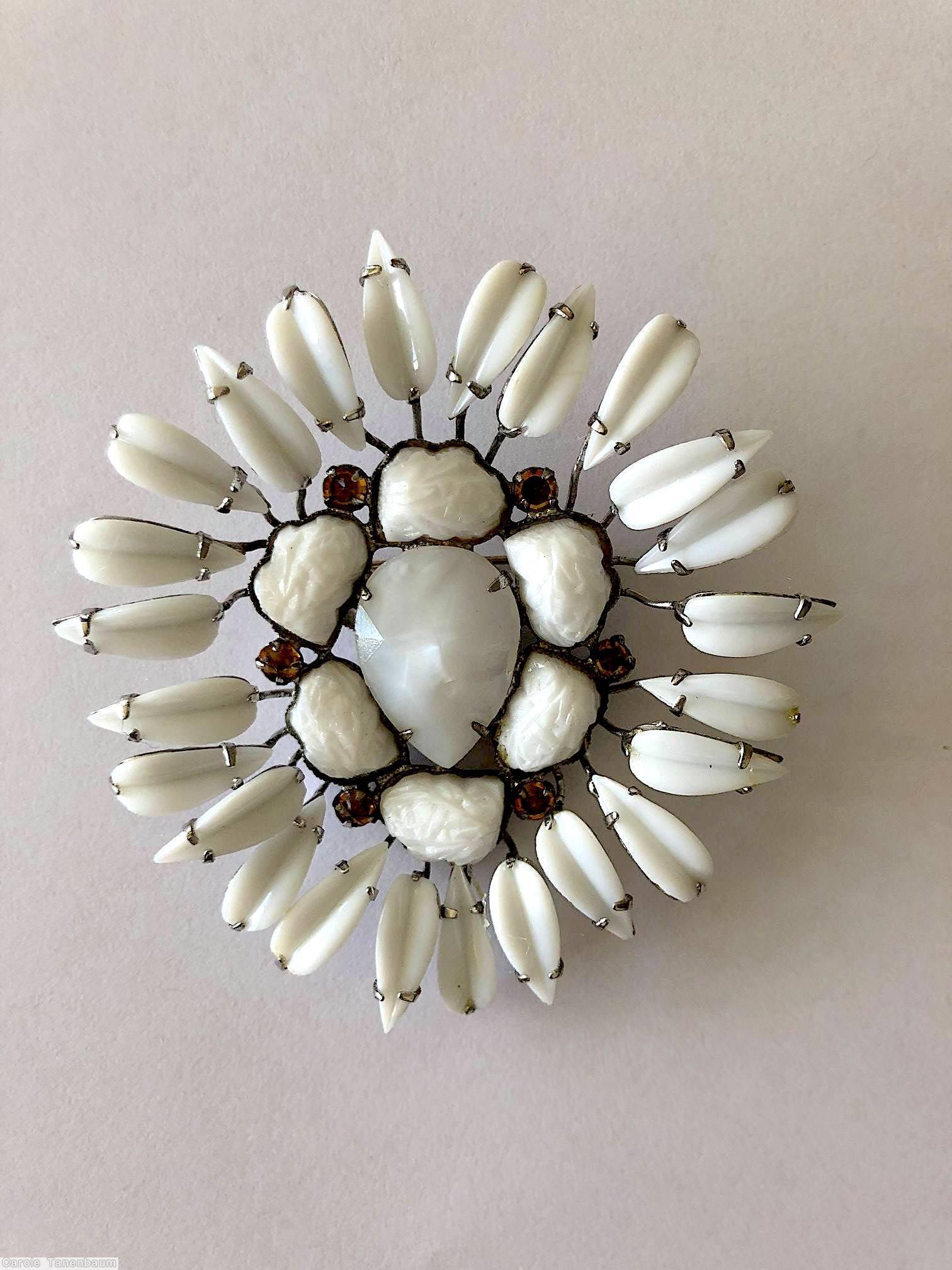 Schreiner 6 lava stone radial pin surrounding petal stone branch white brown chaton silvertone jewelry