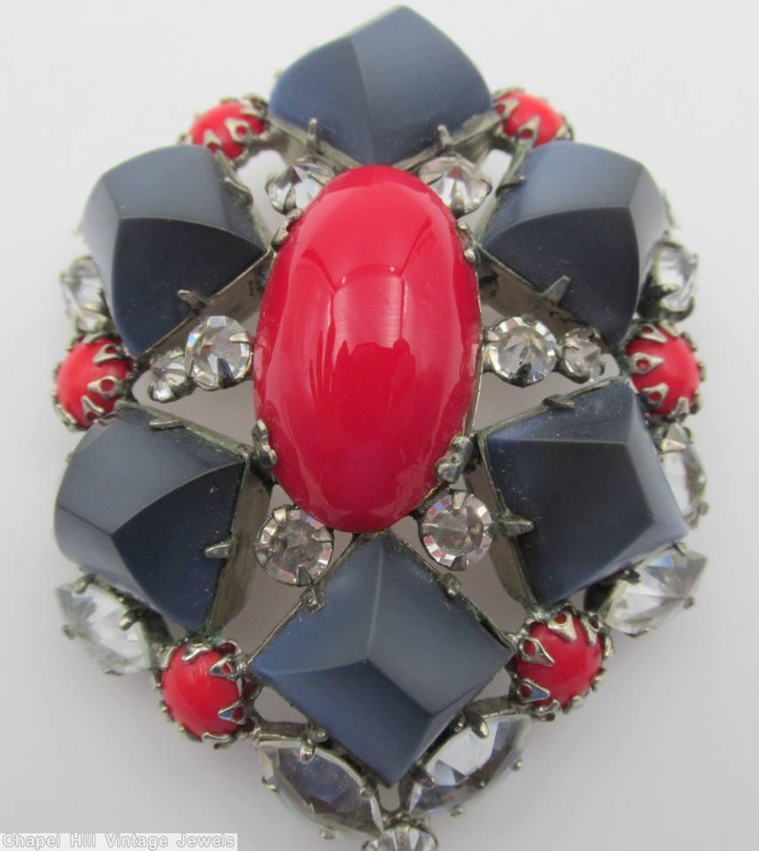 Schreiner 6 stone domed hexagon pin large oval center bordered 4 side matte navy blue stone red crystal jewelry