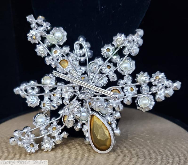 Schreiner 6 wire branch arch pin 1 large teardrop varied size chaton faux pearl crystal silvertone jewelry
