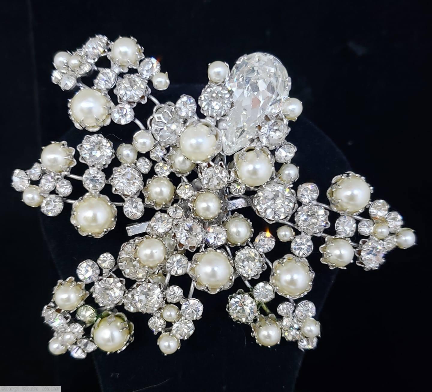 Schreiner 6 wire branch arch pin 1 large teardrop varied size chaton faux pearl crystal silvertone jewelry