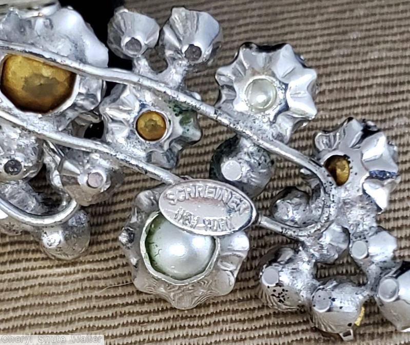 Schreiner 6 wire branch arch pin 1 large teardrop varied size chaton faux pearl crystal silvertone jewelry