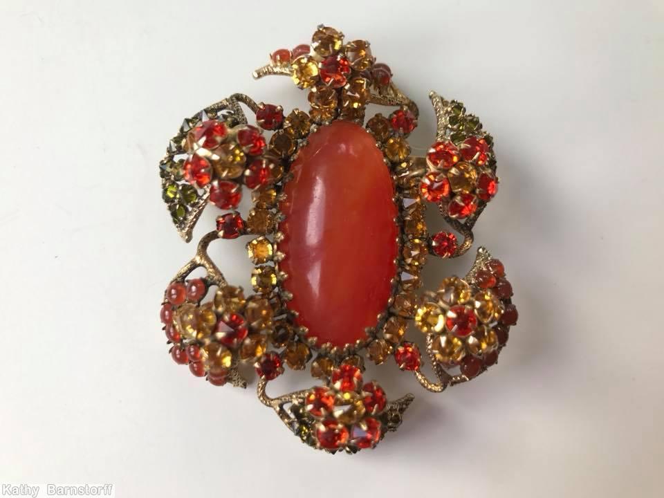 Schreiner 6 wired seeds leaf petal 6 clustered flower pin large oval center carnelian coral amber peridot jewelry