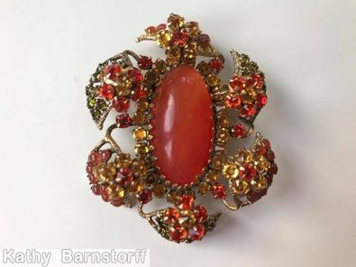 Schreiner 6 wired seeds leaf petal 6 clustered flower pin large oval center carnelian coral amber peridot jewelry