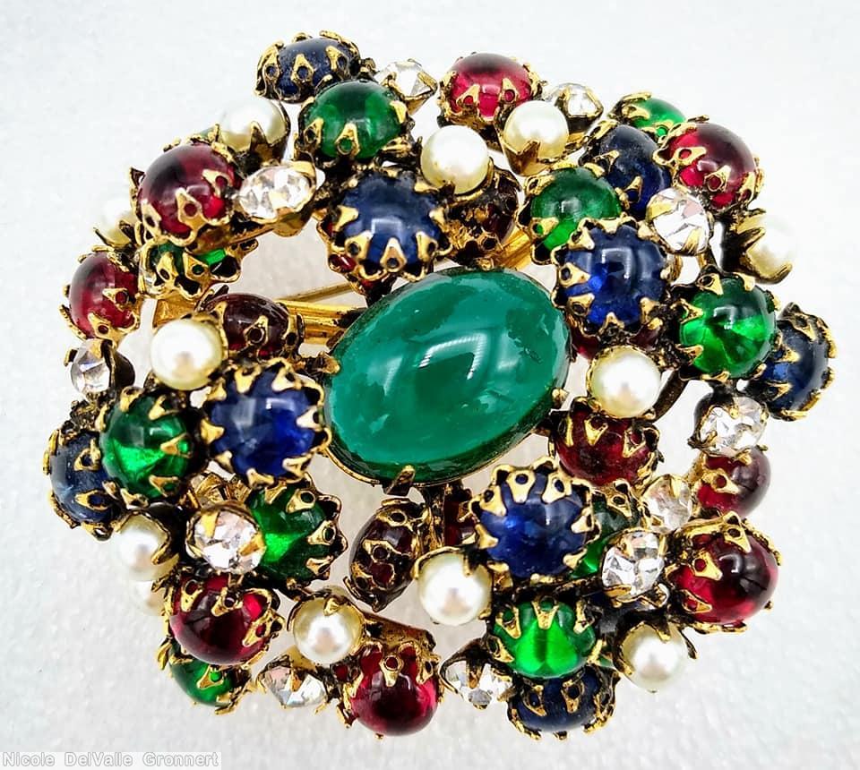 Schreiner 7 branch swirled pin large oval center small round chaton ruby emerald faux pearl crystal sapphire goldtone jewelry