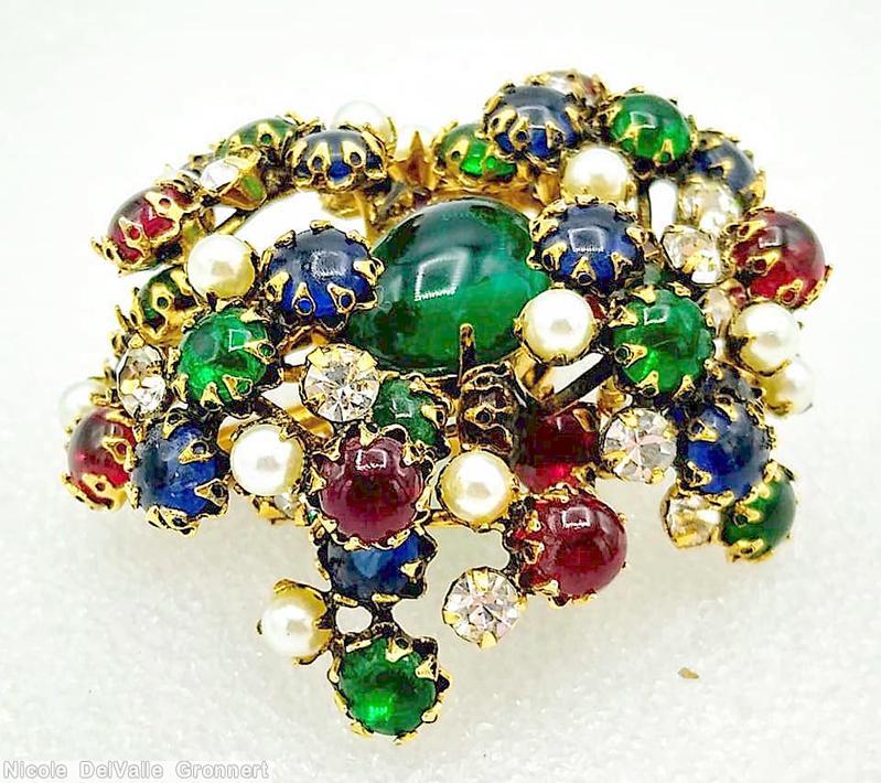 Schreiner 7 branch swirled pin large oval center small round chaton ruby emerald faux pearl crystal sapphire goldtone jewelry