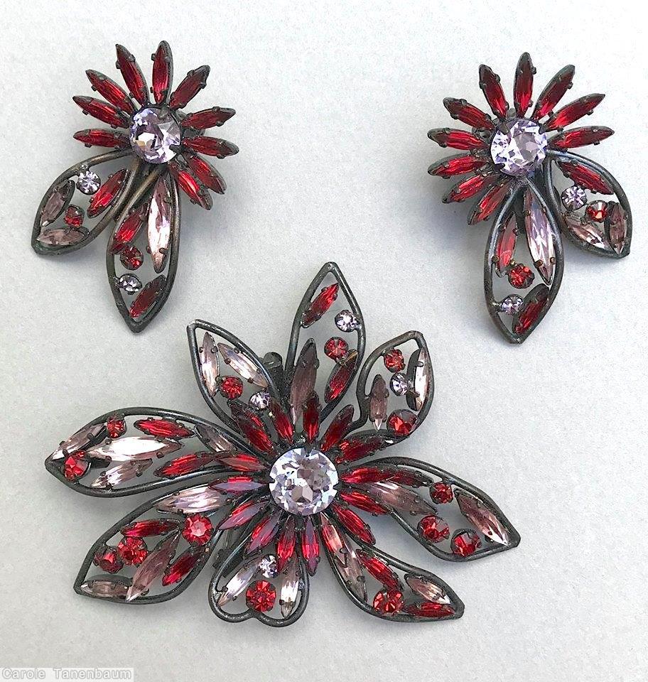 Schreiner 7 varied wired navette petal 2 level flower pin chaton center small navette surrounding stone ice purple red peach japanned jewelry