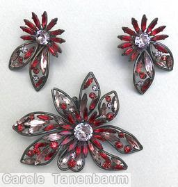 Schreiner 7 varied wired navette petal 2 level flower pin chaton center small navette surrounding stone ice purple red peach japanned jewelry