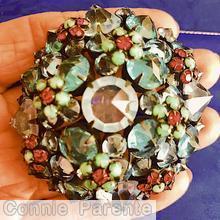 Schreiner 8 clustered flower domed round pin chaton center ice blue red green crystal silvertone inverted stone jewelry