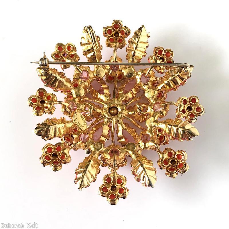 Schreiner 8 clustered flower spray pin coral small chaton large peach faceted navette magenta chaton center goldtone jewelry