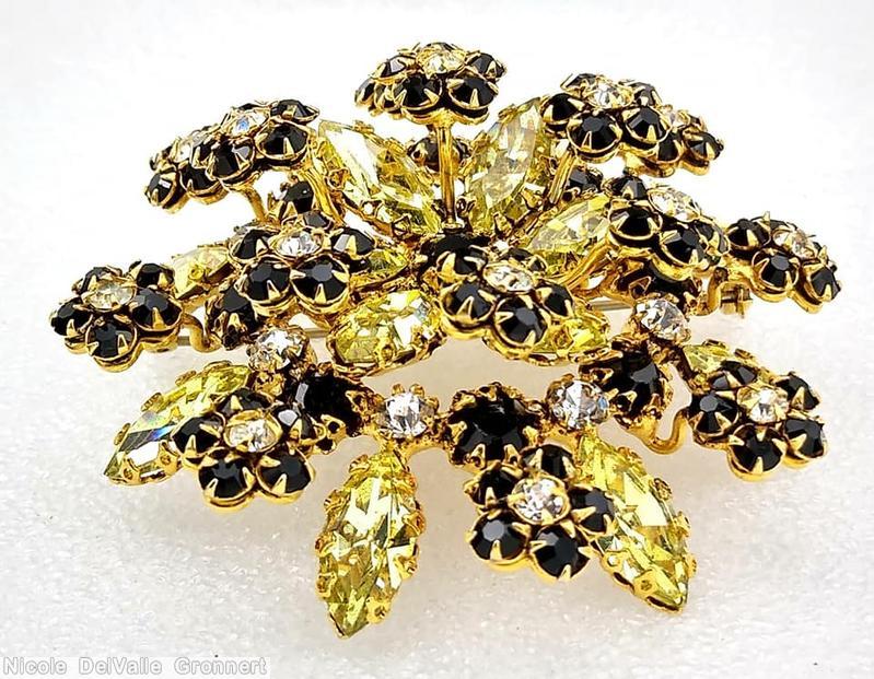 Schreiner 8 clustered flower spray pin jet flower head clear yellow navette goldtone jewelry