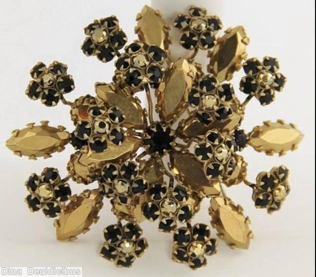 Schreiner 8 clustered flower spray pin jet metalic gold goldtone jewelry
