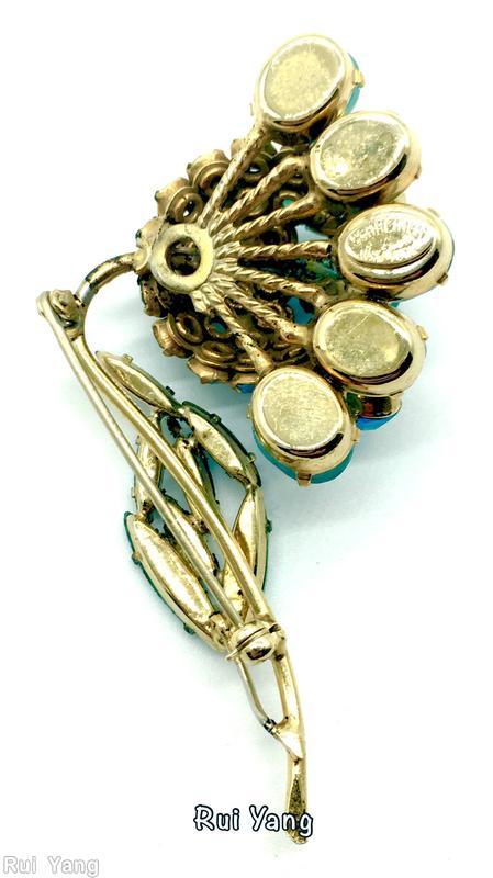 Schreiner 8 oval cab surrounding bead flower pin 1 navette leaf long stem moonglow aqua blue goldtone jewelry