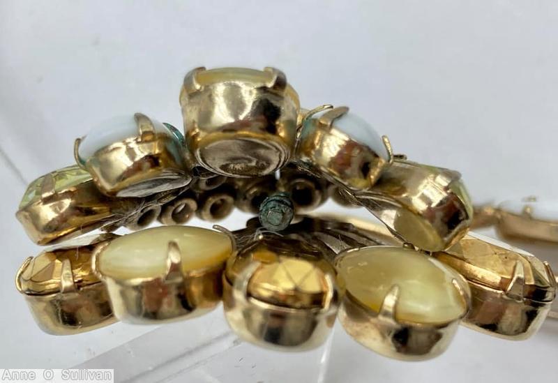 Schreiner 8 oval cab surrounding bead flower pin 1 navette leaf long stem moonglow ivory oval cab white metalic brown crystal goldtone clear champgne jewelry